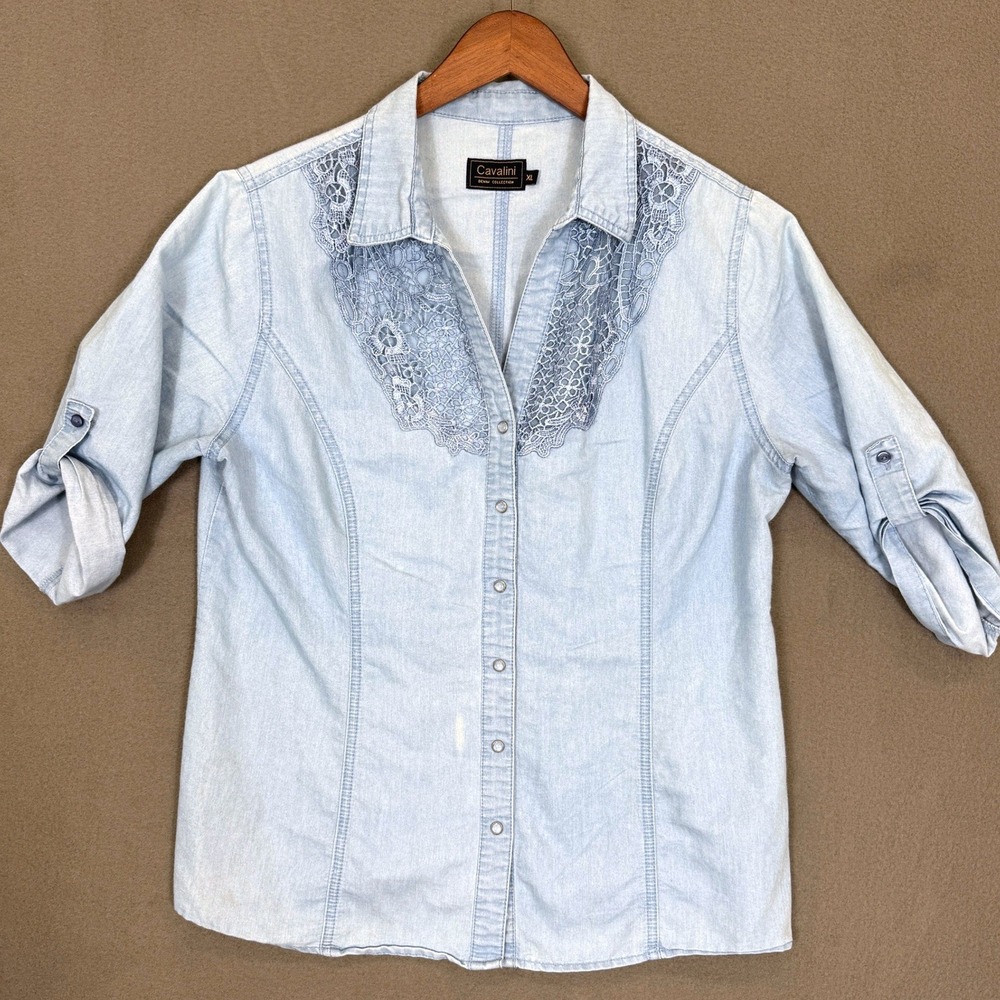 Cavalini Denim Shirt Women XL Light Blue Lace Inset Roll Tab Sleeve Western Boho